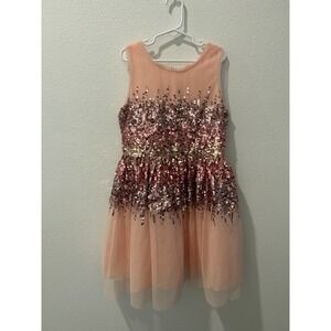 Poppies and Roses Girls Peach Pink Sequin Tulle Party Dress Size 10